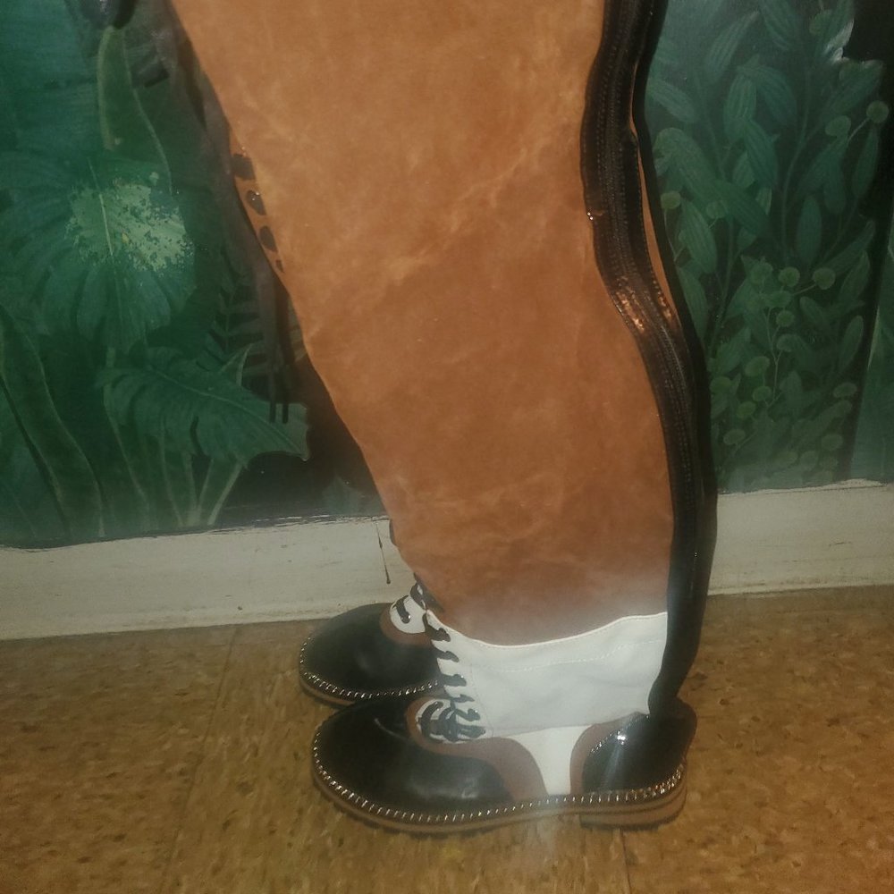 Multi colored suede/leather thigh high boots